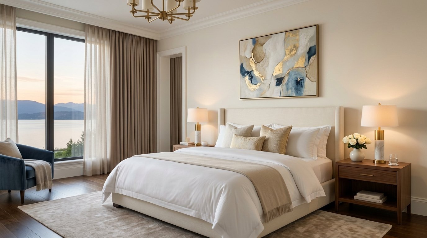 Elegant bedroom with white bedding, modern gold-leaf wall art, and blue velvet armchair overlooking a calm lake.