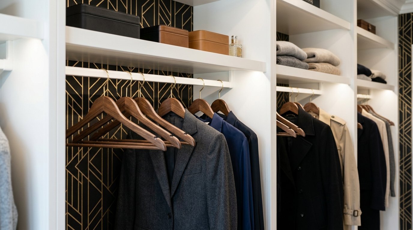 Modern wardrobe interior with wooden hangers, hanging suits, and folded knitwear on shelves.