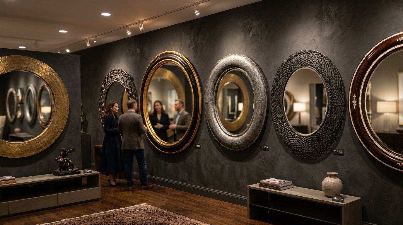 A man and woman looking at a gallery wall filled with luxury decorative mirrors in a dark-toned interior.
