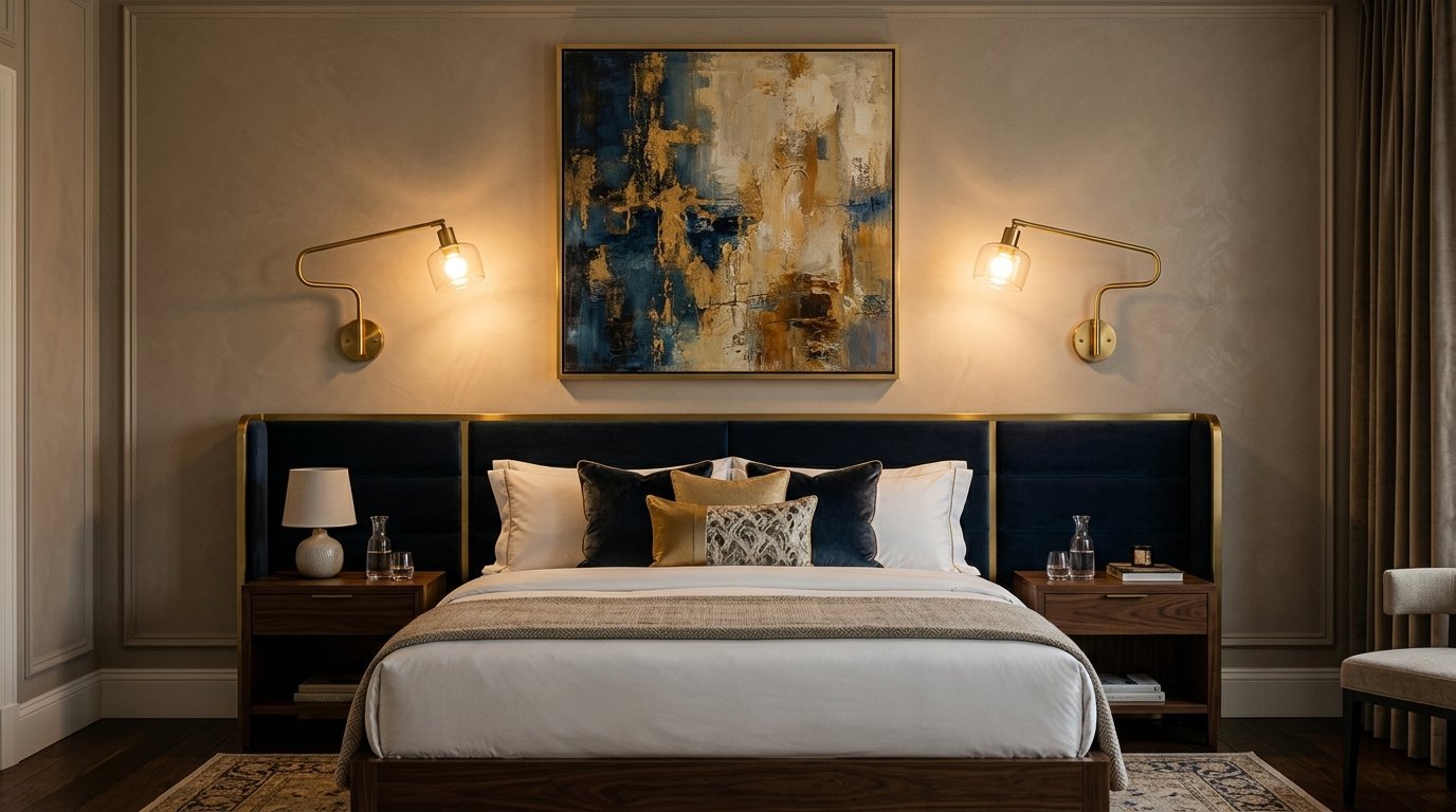 A refined bedroom with a dark blue tufted headboard, brass sconces, and a textured abstract painting on a beige wall.