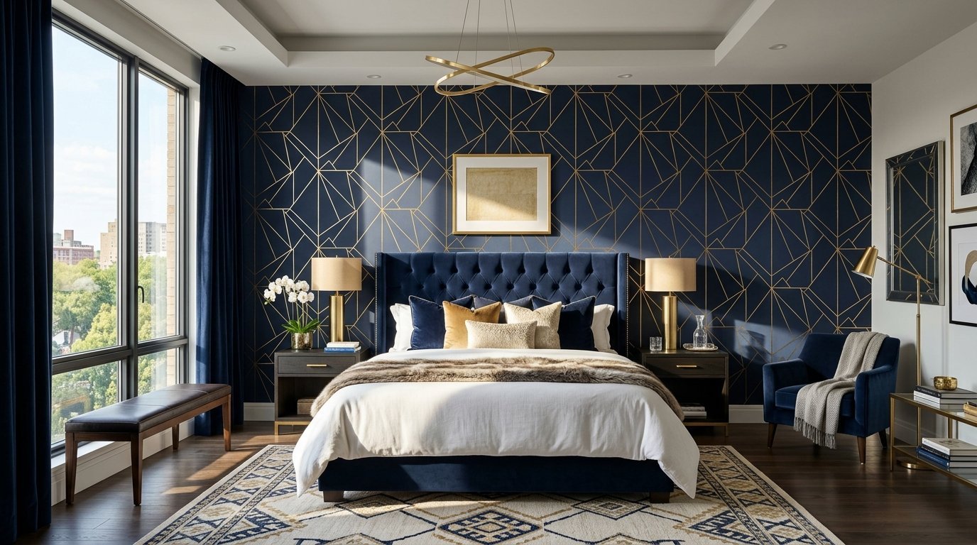 A tufted velvet navy blue bed centered against a gold-lined geometric wallpaper in a stylish apartment.
