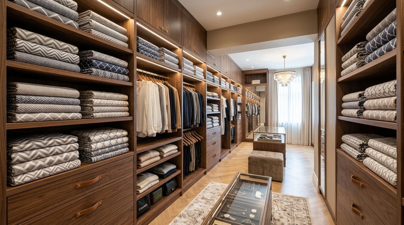 Spacious luxury dressing room with wooden wardrobes, stacks of folded fabrics, and a central glass jewelry island.