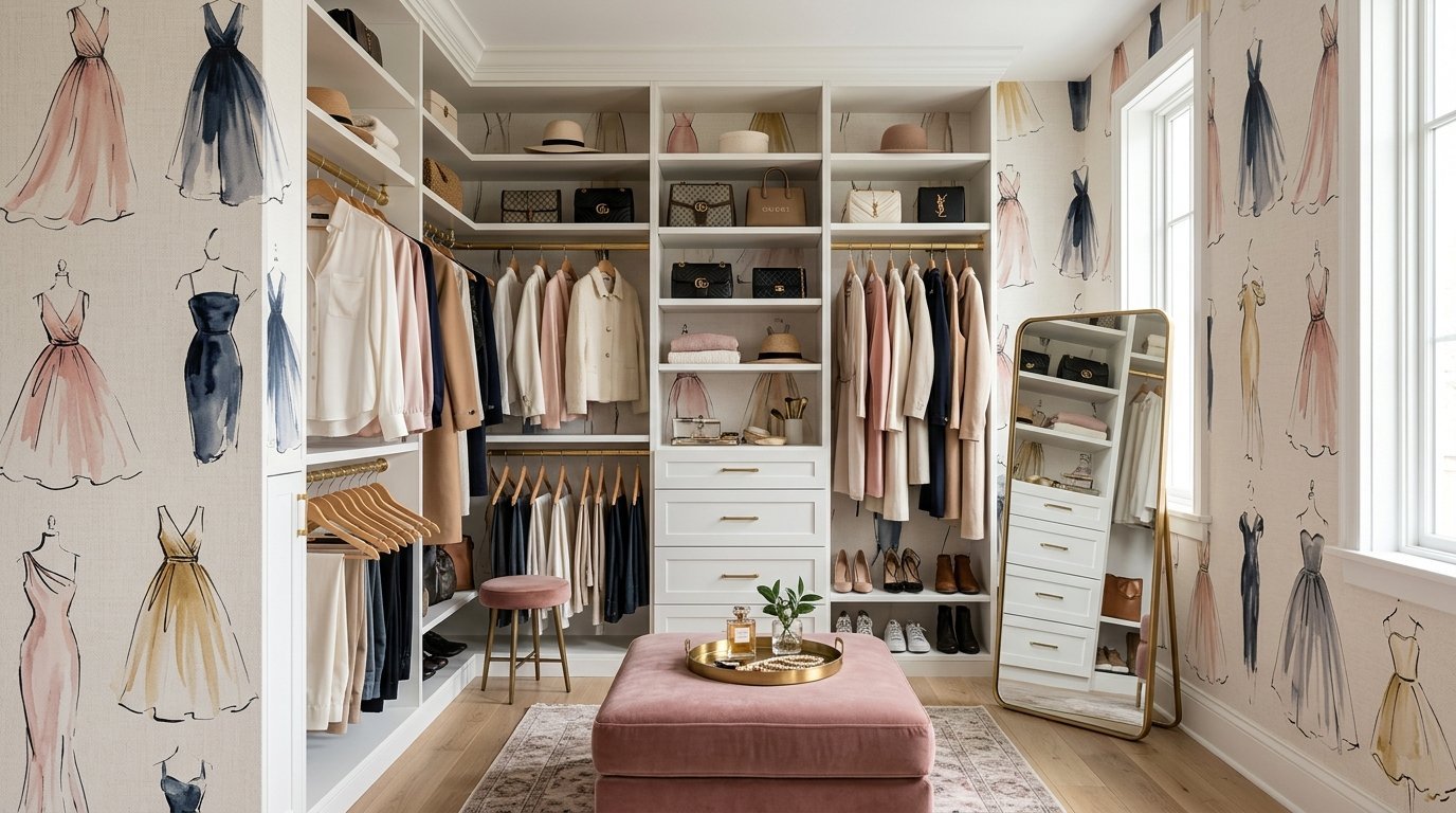 Spacious dressing room with pink ottoman, brass accents, and walls decorated with watercolor fashion illustrations.
