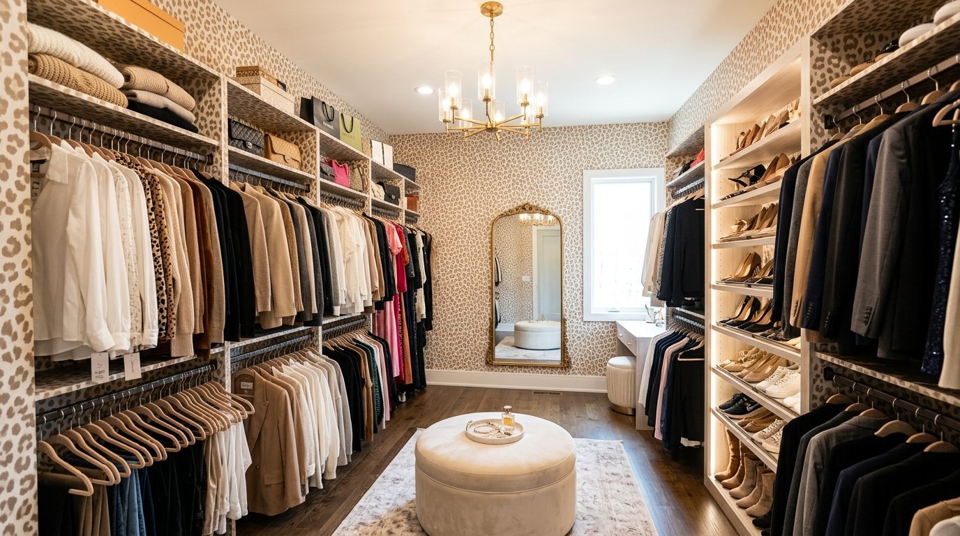 Spacious dressing room with leopard patterned wallpaper, hanging clothes, an arched gold mirror, and a velvet ottoman.