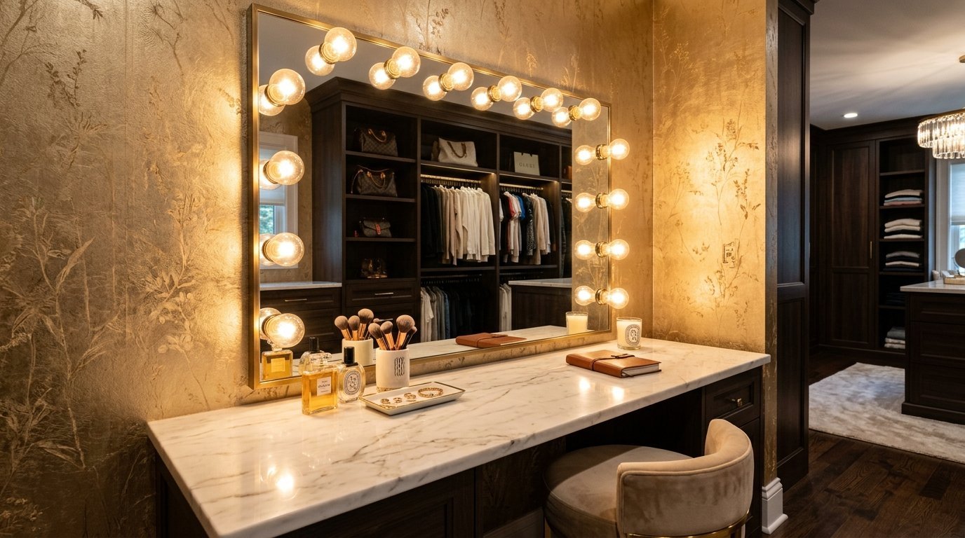 Marble vanity table with glowing mirror lights and makeup brushes in a walk-in closet.