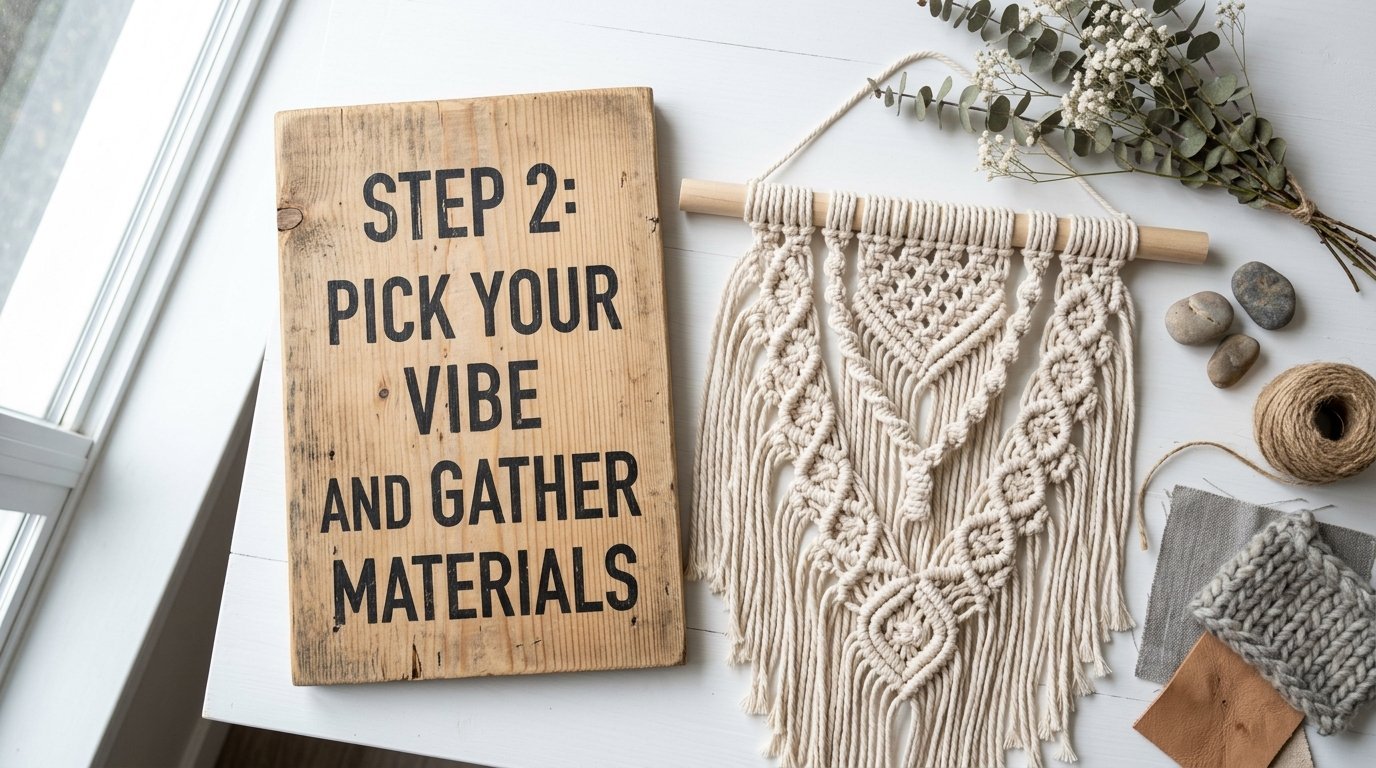A rustic wooden sign reading Step 2: Pick Your Vibe and Gather Materials beside macrame art, twine, and fabric.