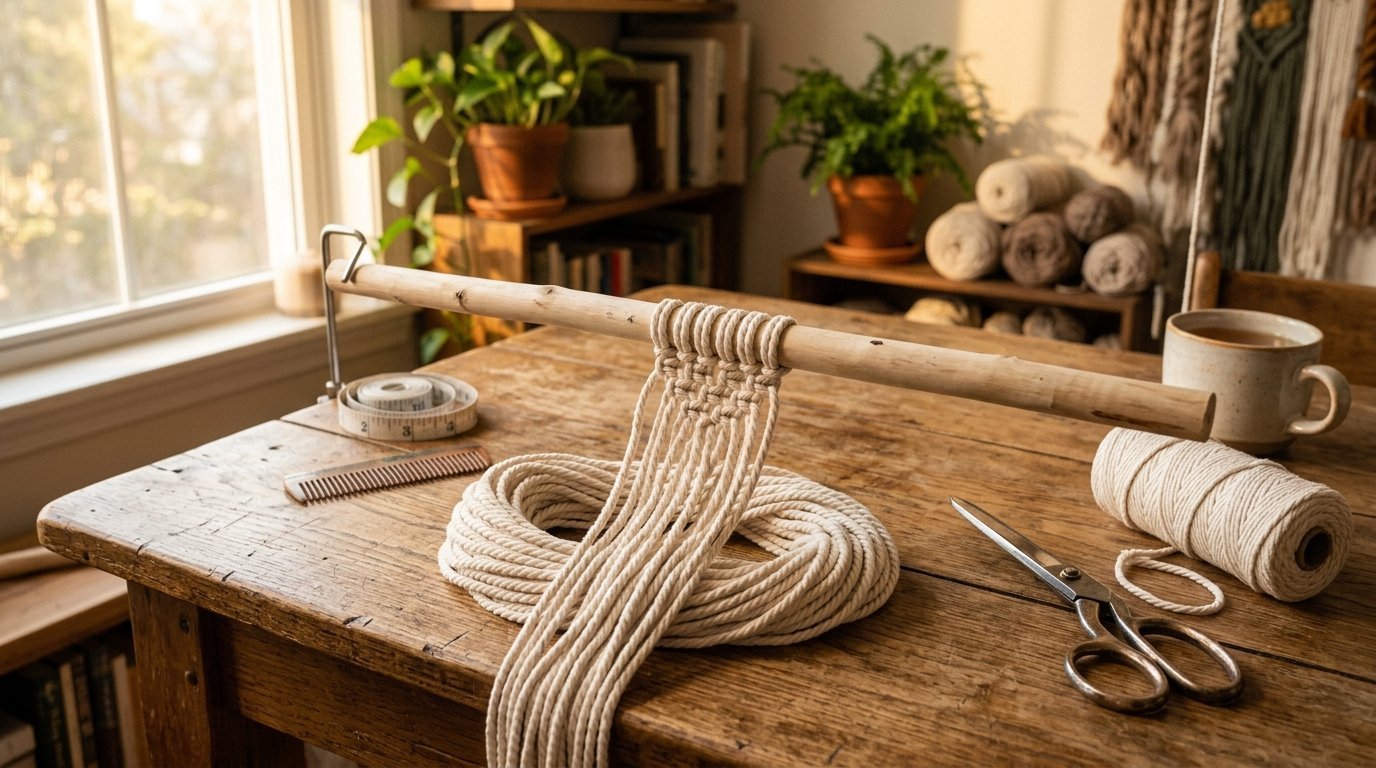 Close-up of a macrame wall hanging in progress on a wooden dowel with scissors and cotton cord on a table.