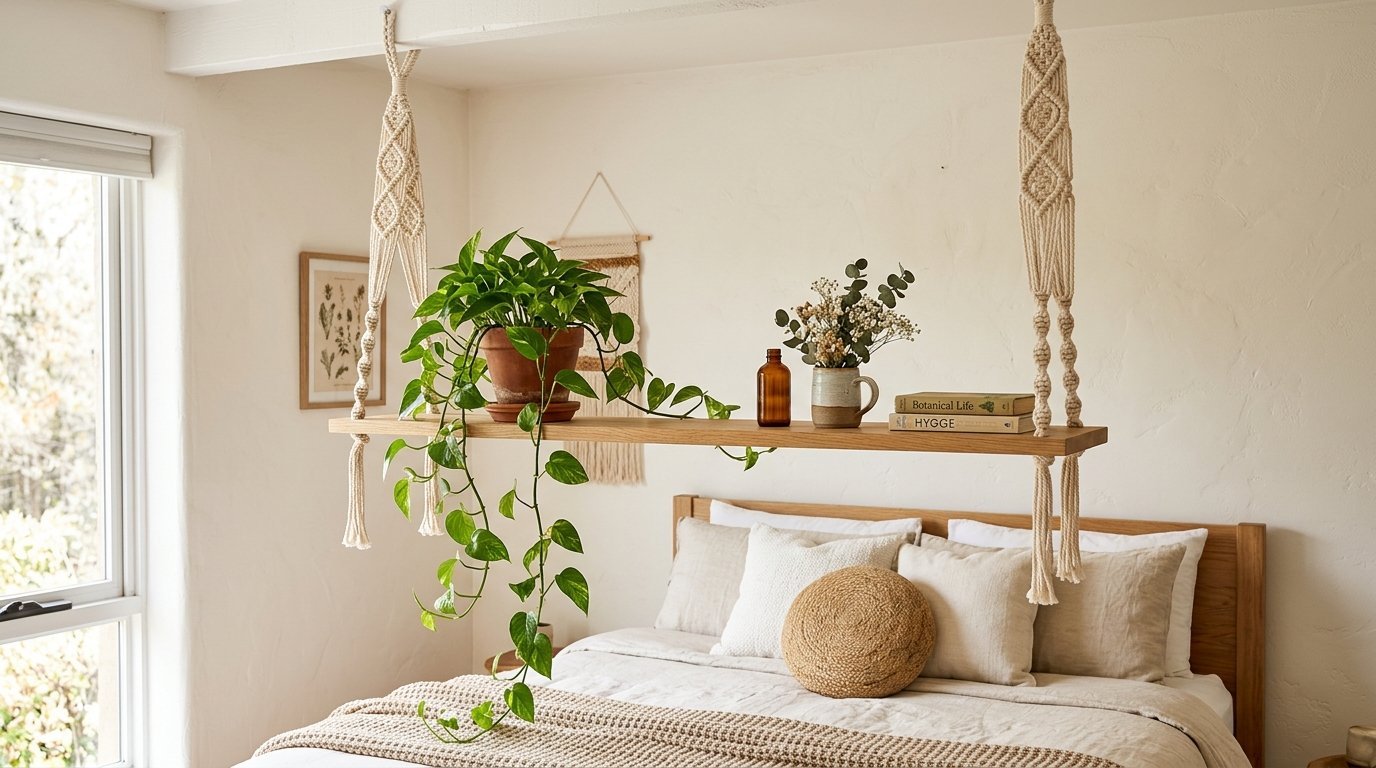 A wooden shelf suspended by macrame ropes above a bed featuring a pothos plant, books, and dried flowers.