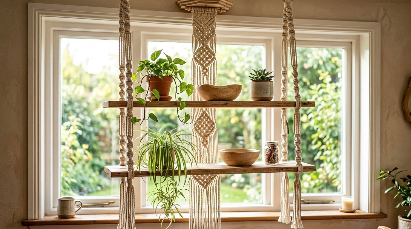 Wooden shelves hanging by macrame ropes featuring potted greenery and decorative bowls in a sunlit window.
