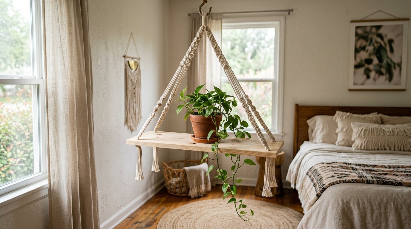 A potted pothos plant sits on a wood shelf suspended by macrame ropes in a bright bedroom.