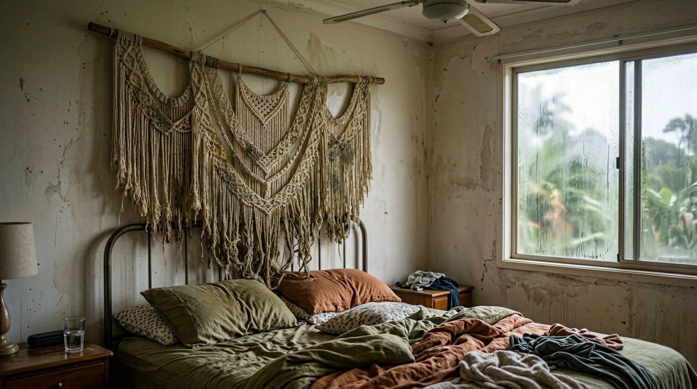 A bedroom with a distressed wall, featuring a large fiber art piece hanging behind a bed with earth-toned linens.