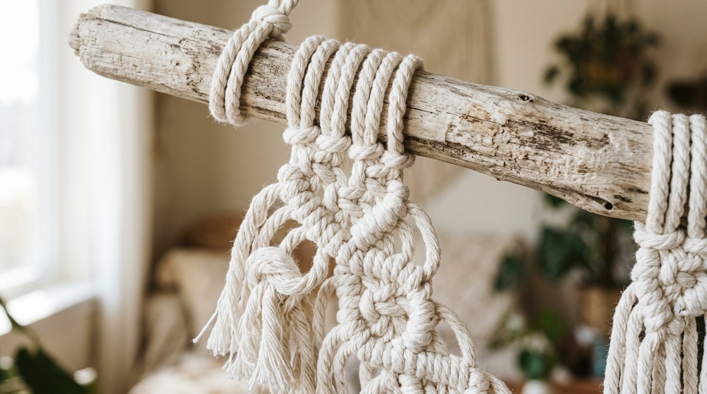 Close up of decorative macrame rope knots tied onto a piece of weathered wood in a bohemian room.