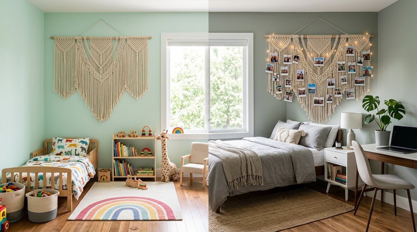 Split screen image comparing a child's nursery with toys to a teen's bedroom with a photo-adorned macrame wall hanging.