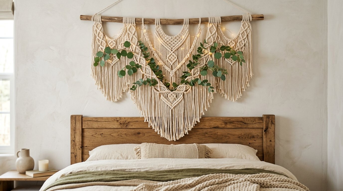 Intricate knotted rope tapestry with green leaves and string lights hanging above a rustic wooden bed headboard.