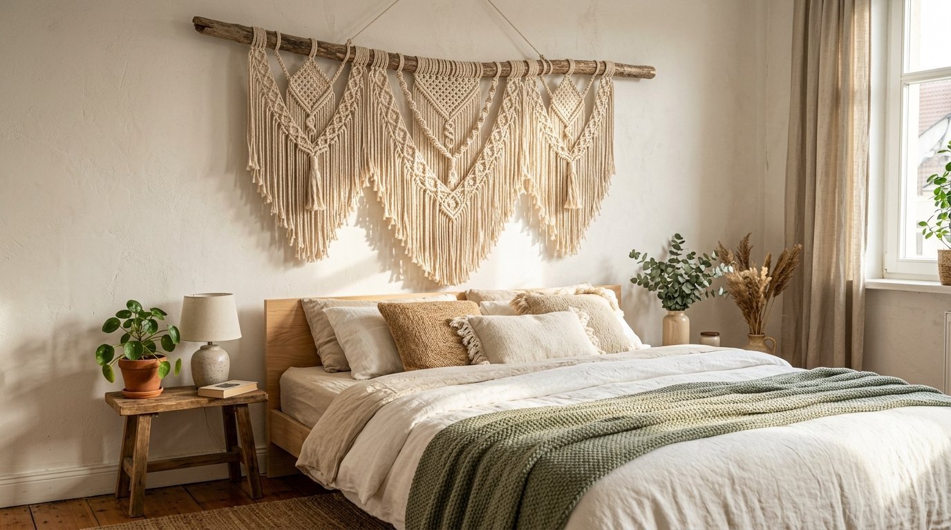 Textured cream-colored macrame tapestry on a driftwood branch hung over a bed with green knit bedding and pillows.