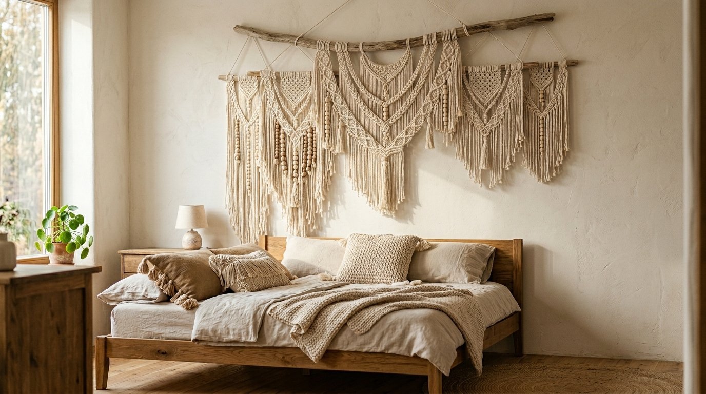 Cream colored macrame tapestry with wooden beads hung on a drift wood branch over a modern minimalist bed.