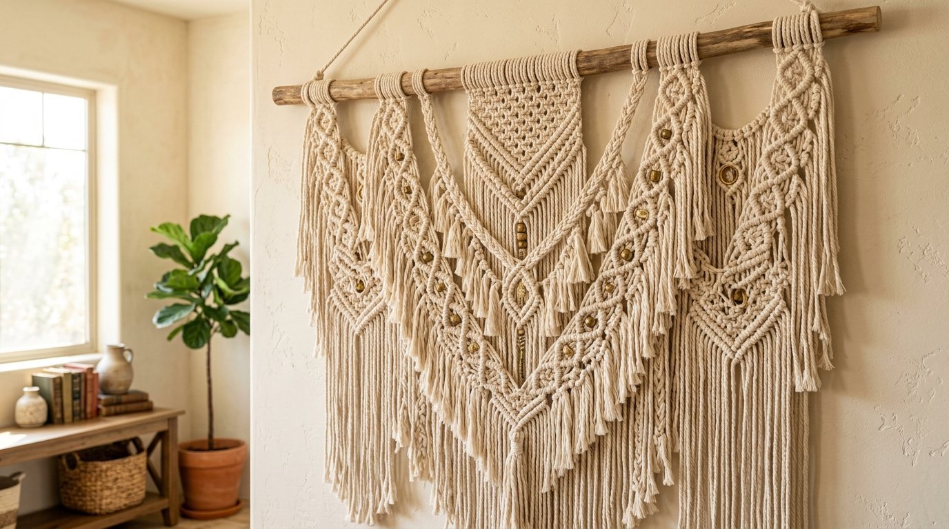 Large beige macrame art piece with tassels and wood beads hanging on a living room wall.