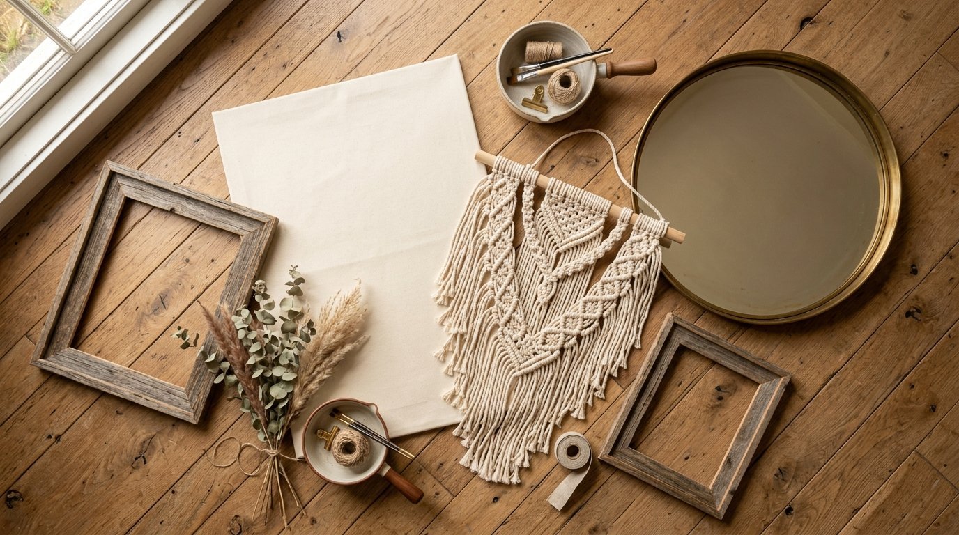 Top-down view of macrame decor, wooden frames, dried eucalyptus, and small ceramic bowls on a wood floor.