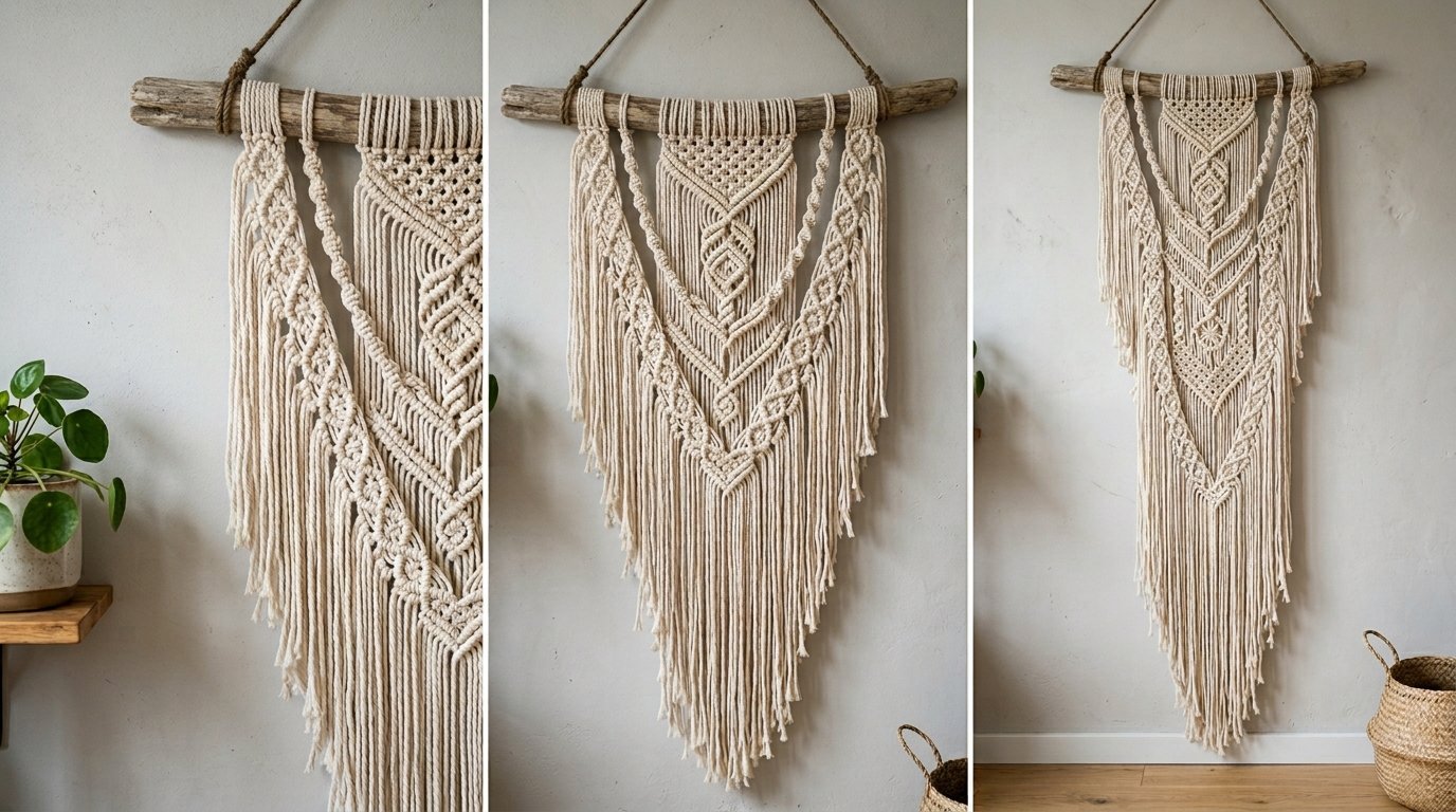 A beige cotton fiber art piece with complex knots hanging from a wooden stick against a plain wall.
