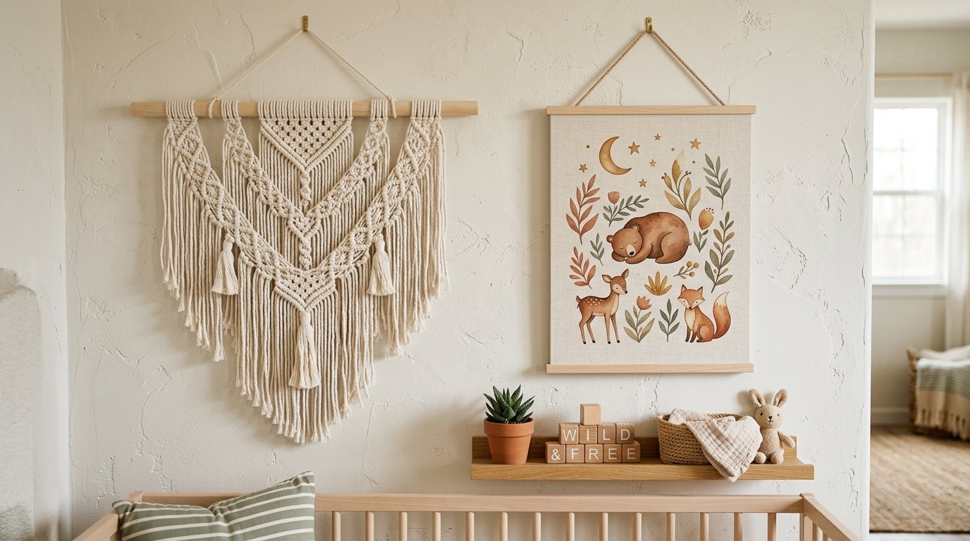 A macrame wall hanging and a woodland animal print hang above a shelf with a succulent and wooden blocks.