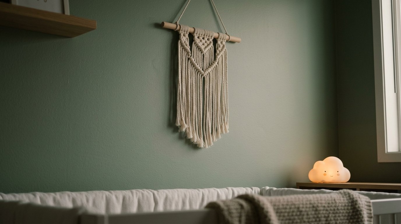 Cream colored macrame tapestry on a sage green wall near a glowing cloud night light.