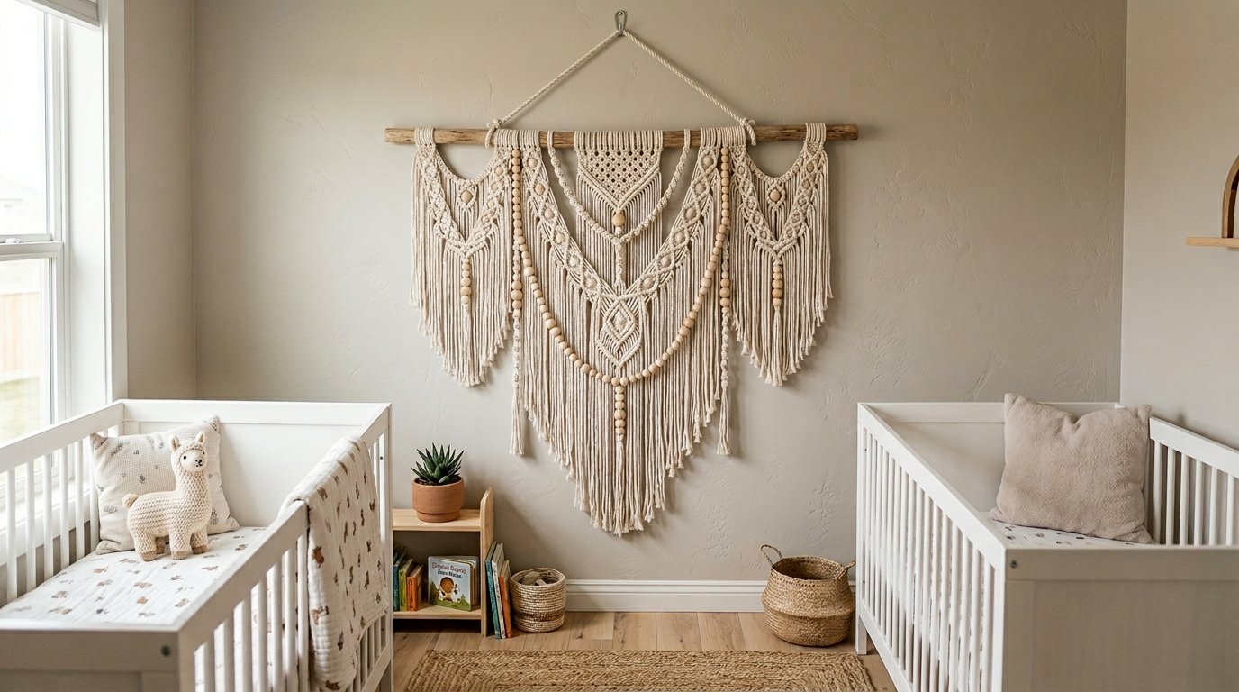 Intricate cream macrame wall hanging with wooden beads centered between two white baby cribs in a neutral nursery.