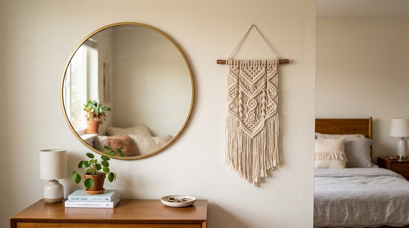 A round gold-framed mirror and a beige macrame wall hanging are mounted on a plain wall next to a bedroom.