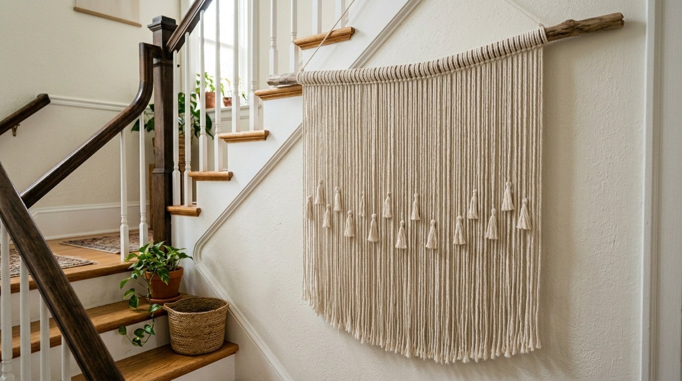 Long cream-colored macrame tapestry with tassels hanging from a wooden branch on an interior stairway wall.