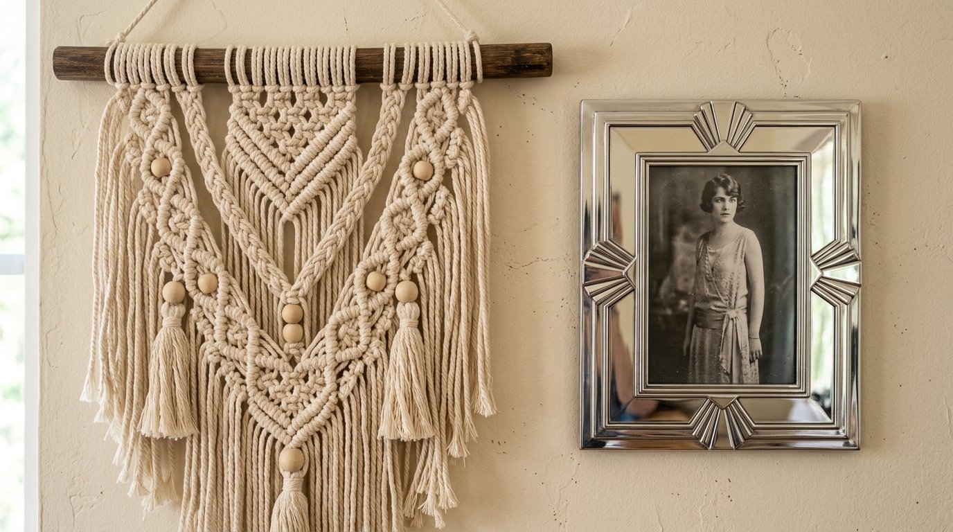 Intricate cream fiber art wall decor hanging next to a silver mirror containing a vintage portrait photo.