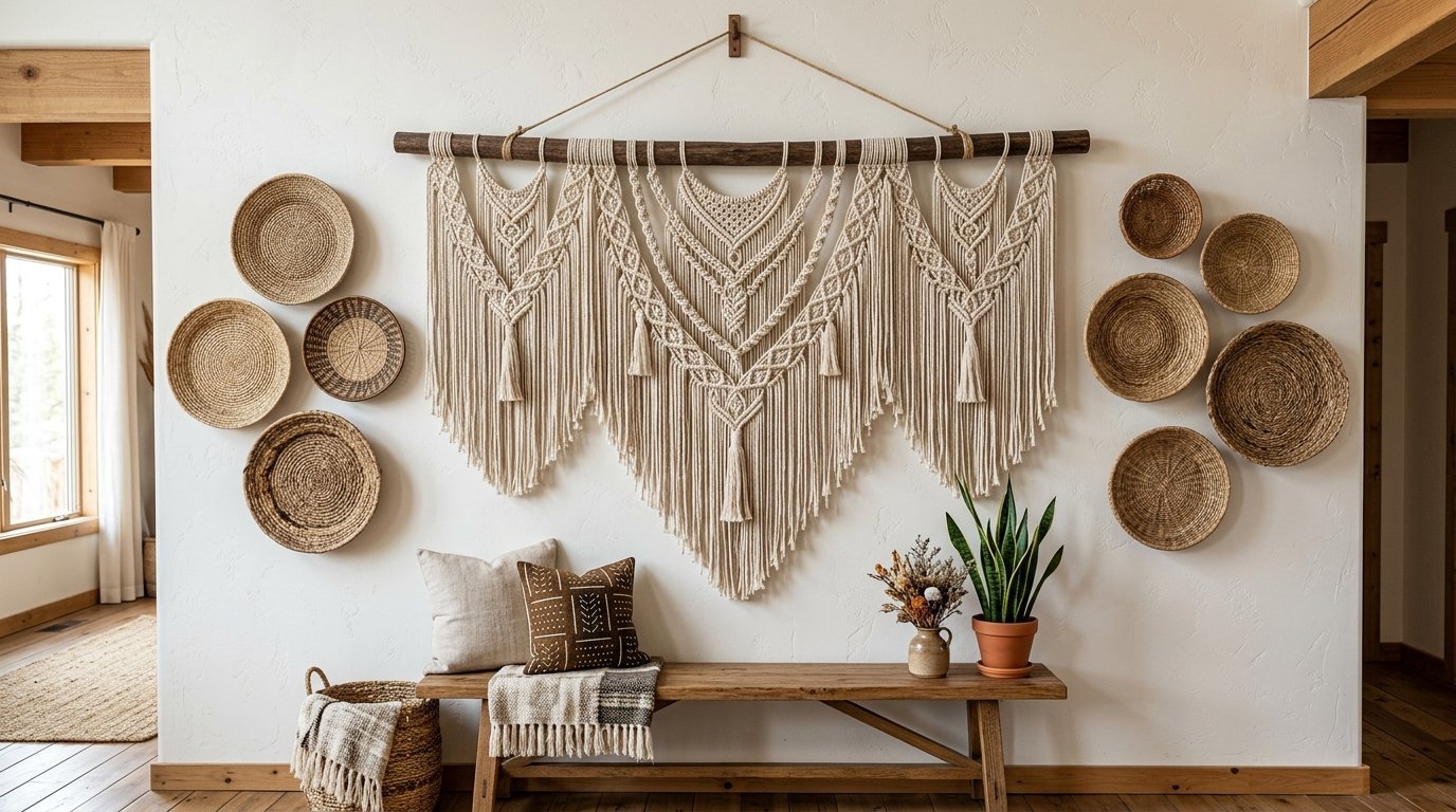 Large white macrame tapestry hanging over a wooden bench with woven wall baskets surrounding it.