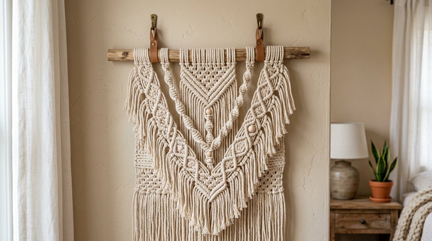 Intricate cream-colored cotton macrame art piece suspended from a rustic branch with leather straps.