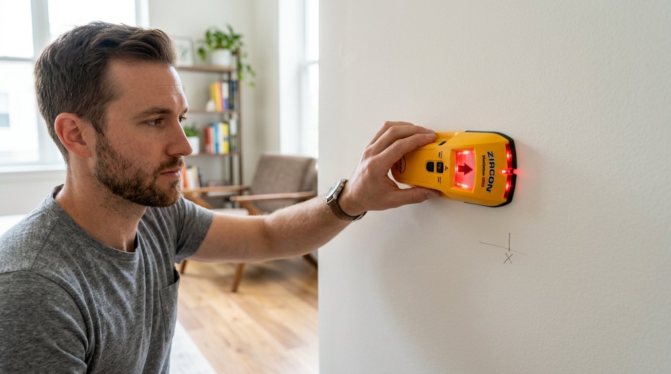 A man in a grey t-shirt holding a yellow electronic stud scanner against a plain wall.