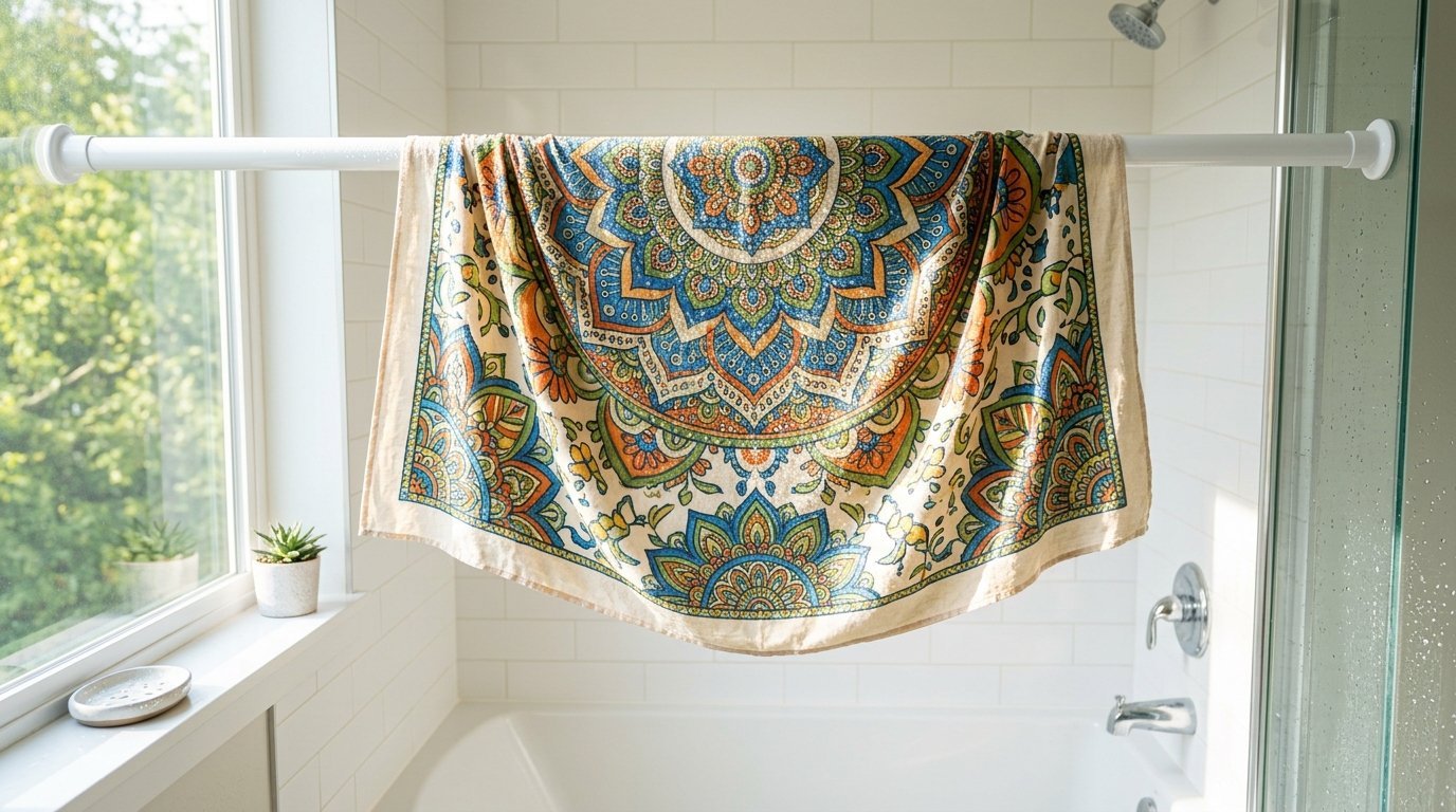 A decorative fabric with blue and orange mandala patterns draped over a white tension rod in a shower.