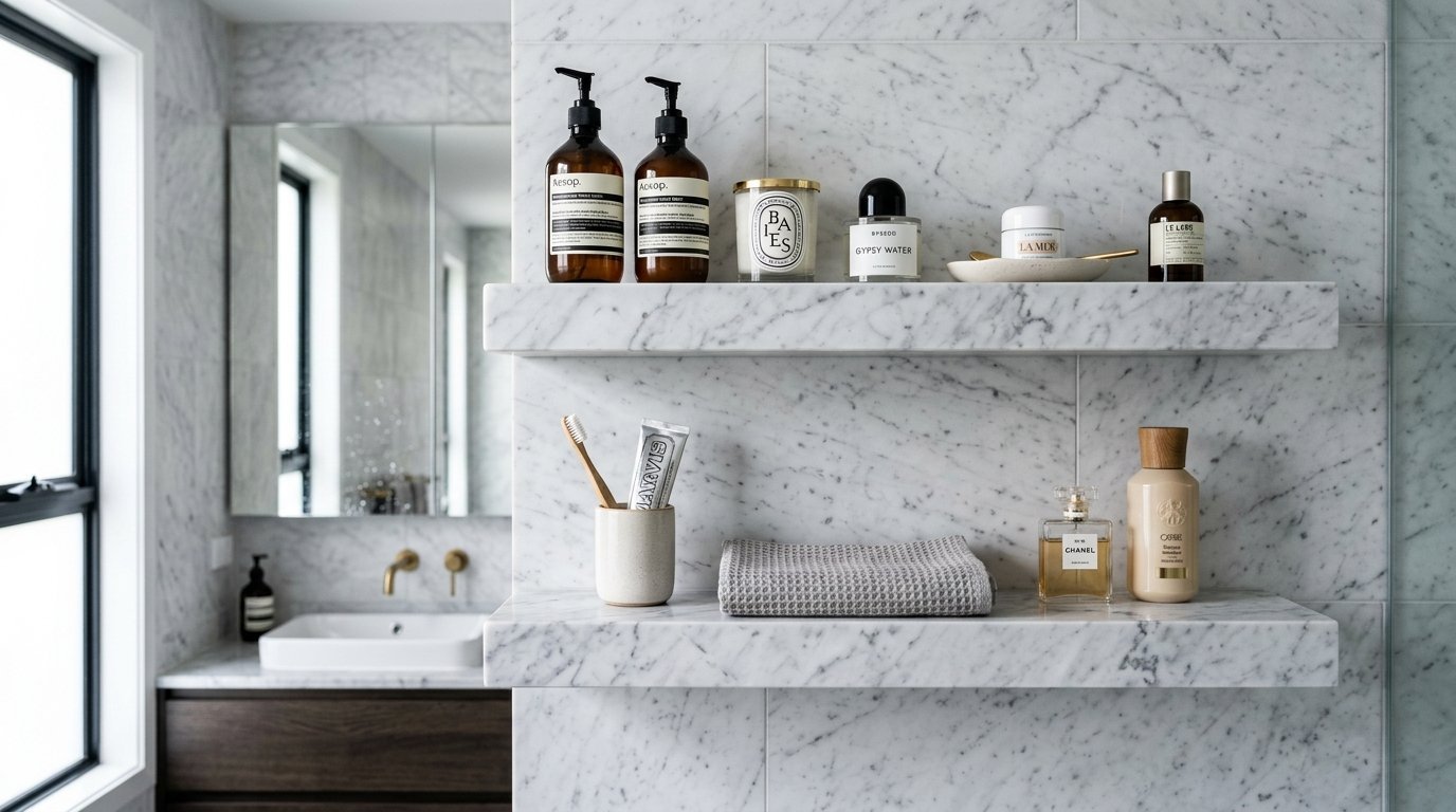 Floating marble bathroom shelves holding Aesop soaps, Byredo perfume, and other high-end grooming supplies.