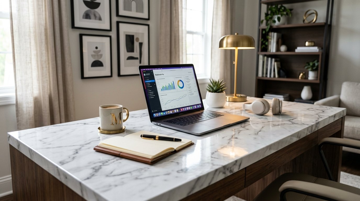 Laptop displaying business charts on a white marble desk with a notebook, coffee mug, and gold lamp.