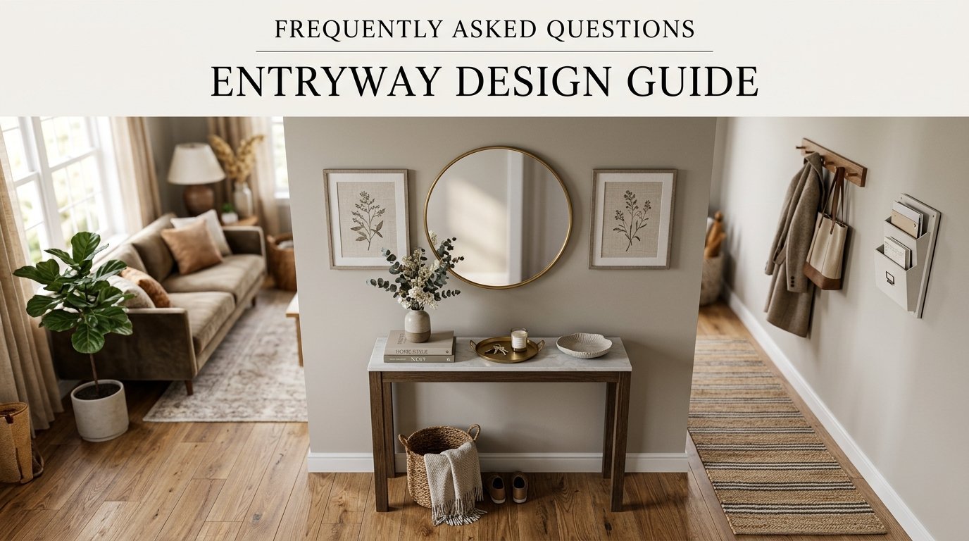 A hallway featuring a wooden console table with a marble top, round mirror, and botanical wall art.