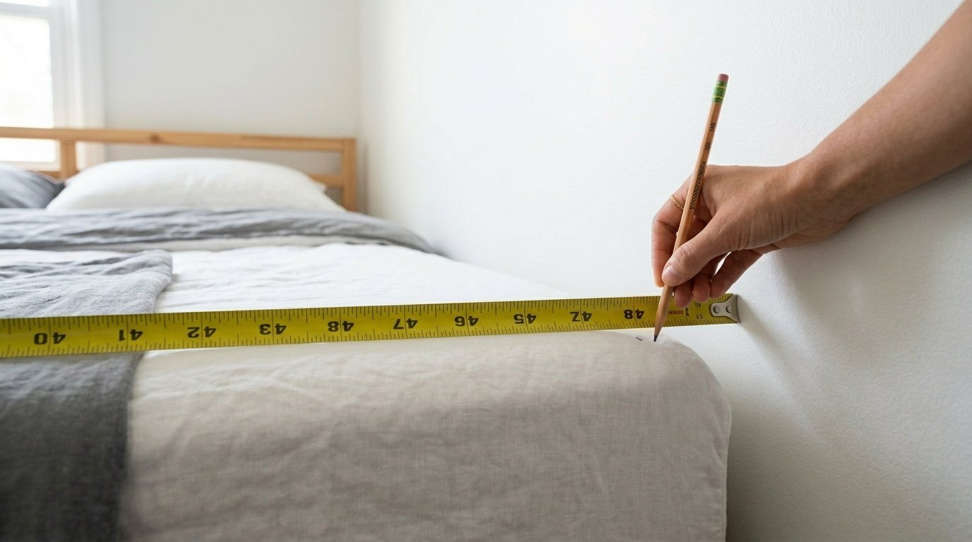 Close-up of a hand marking a spot on a white bed sheet with a pencil while holding a yellow measuring tape.