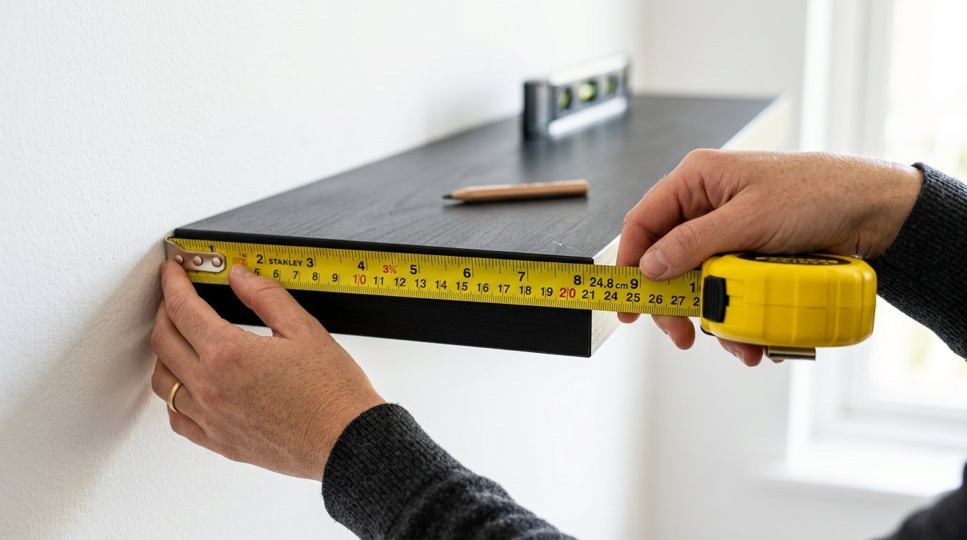 Person holding a yellow tape measure against the edge of a black wall-mounted shelf.
