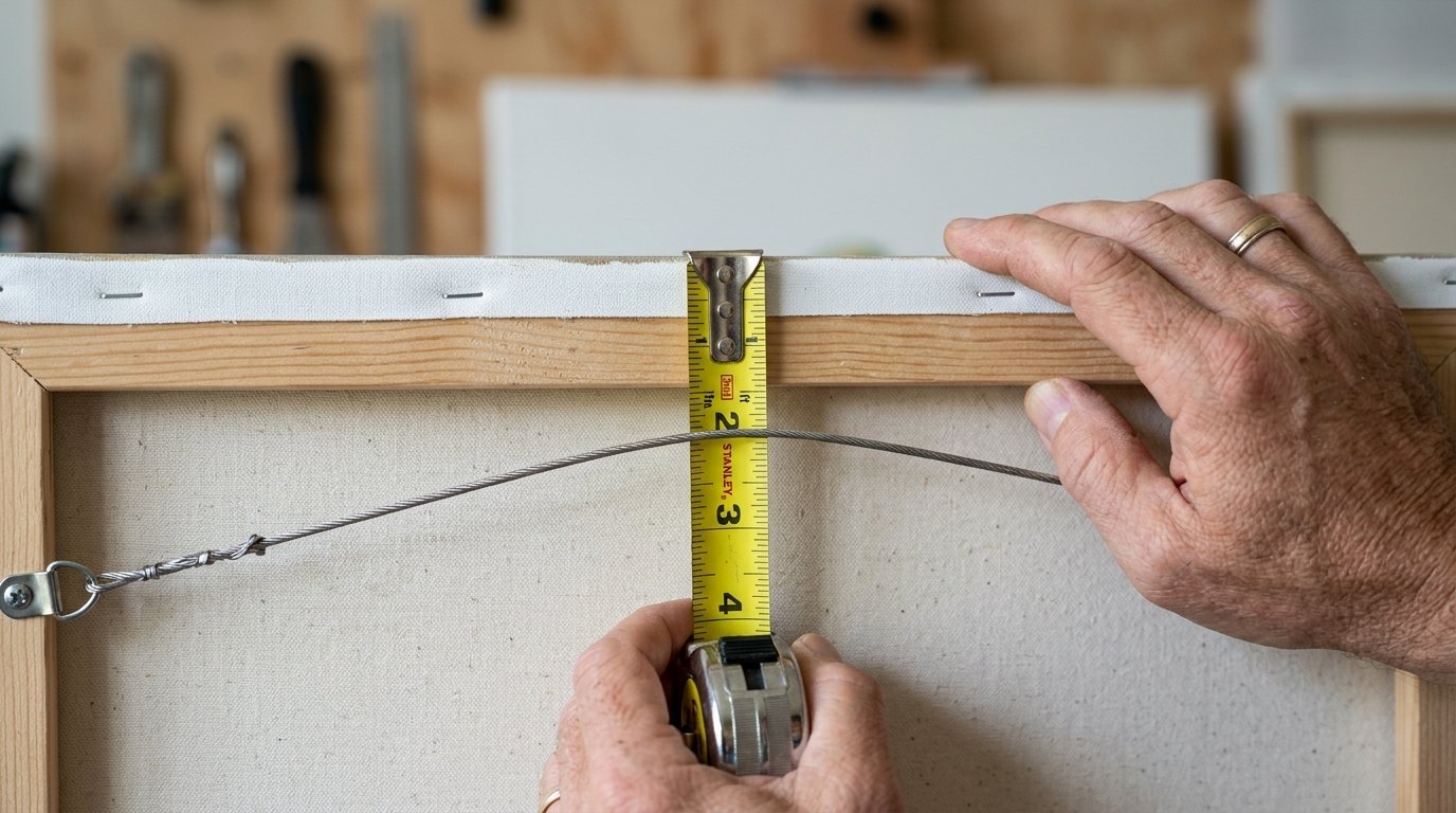 Hands holding a Stanley measuring tape against the edge of a blank art canvas frame.