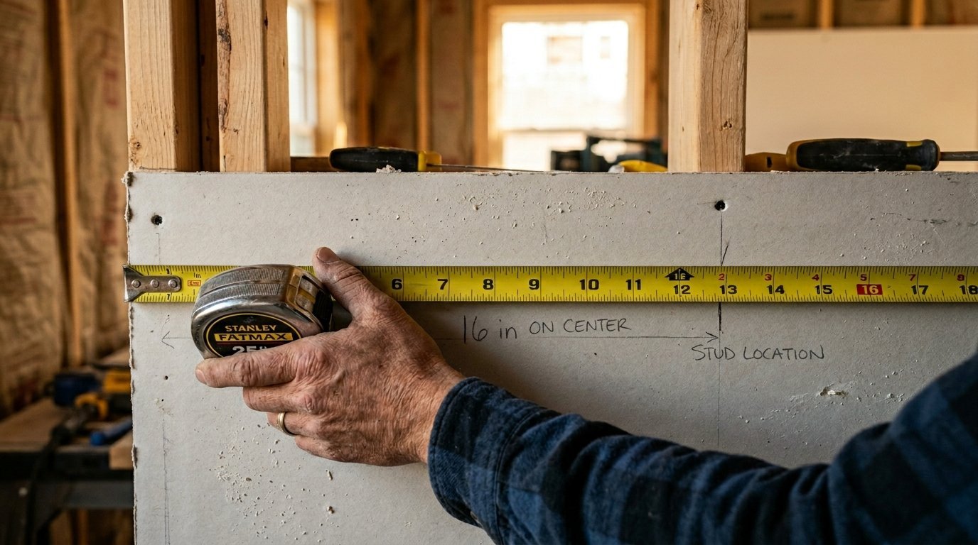 Worker holding a yellow Stanley tape measure against drywall marked 16 inches on center
