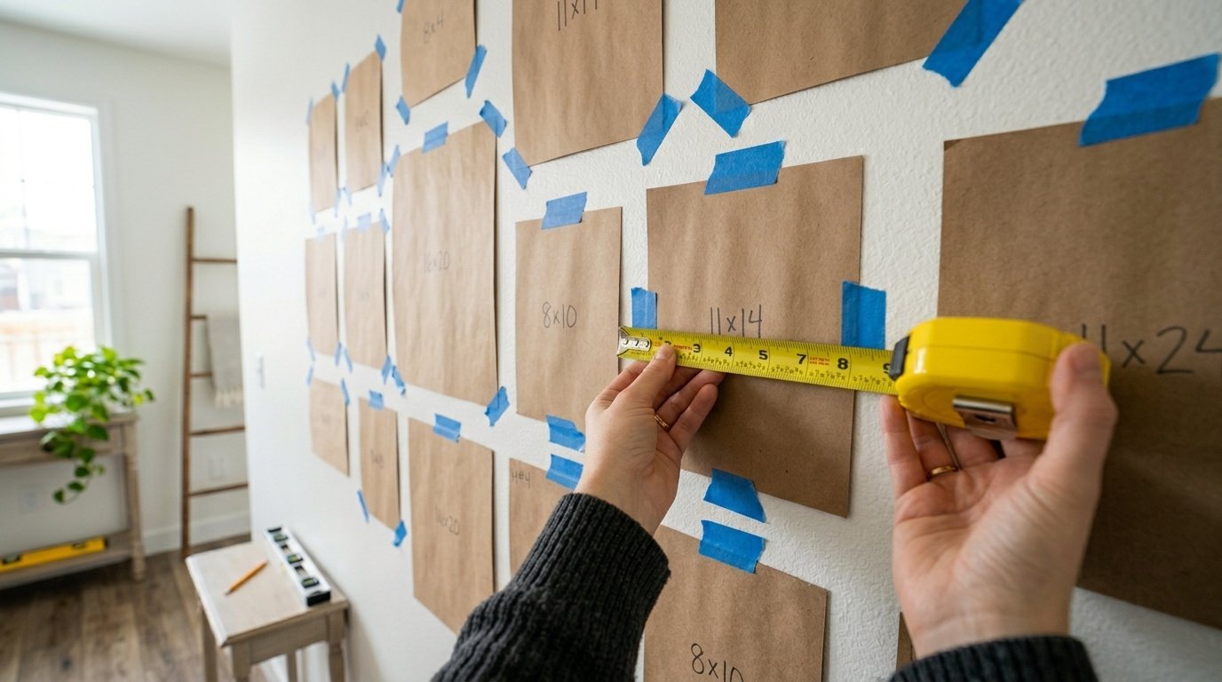 Close up of hands using a yellow tape measure to check spacing of brown paper shapes taped to a wall.