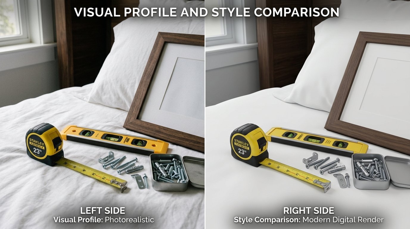 Comparison of a Stanley tape measure, level, and screws on a white bed sheet, showing real vs rendered imagery.