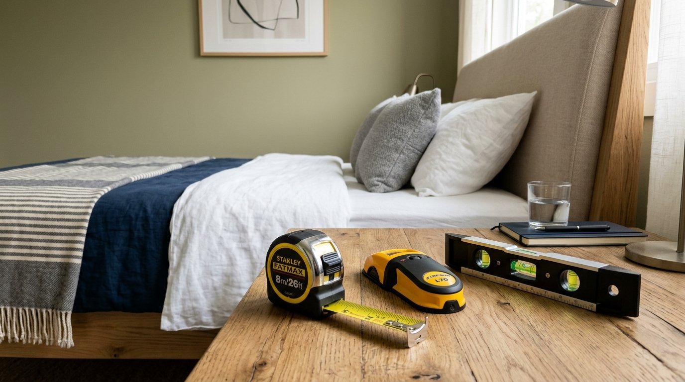 A tape measure, stud finder, and level sit on a wood nightstand next to a neatly made bed.