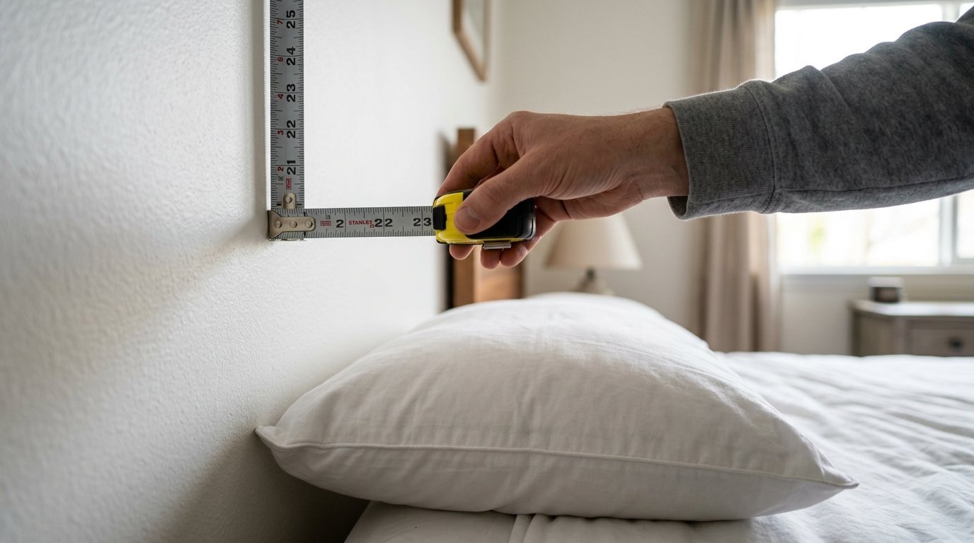 Close up of a hand holding a Stanley tape measure against a bedroom wall above a white pillow.