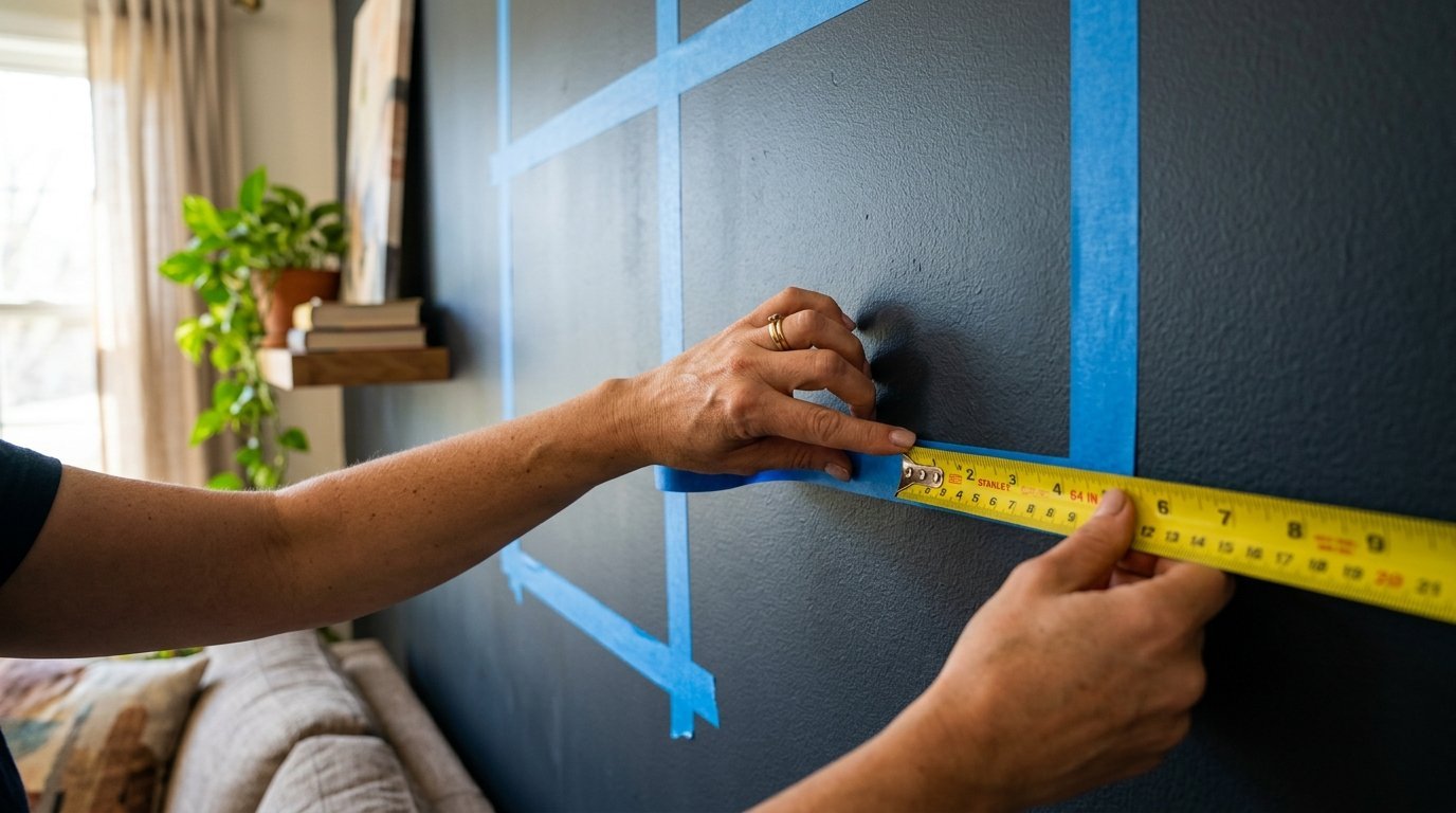 Close up of hands measuring a grid layout on a dark wall with painter tape.