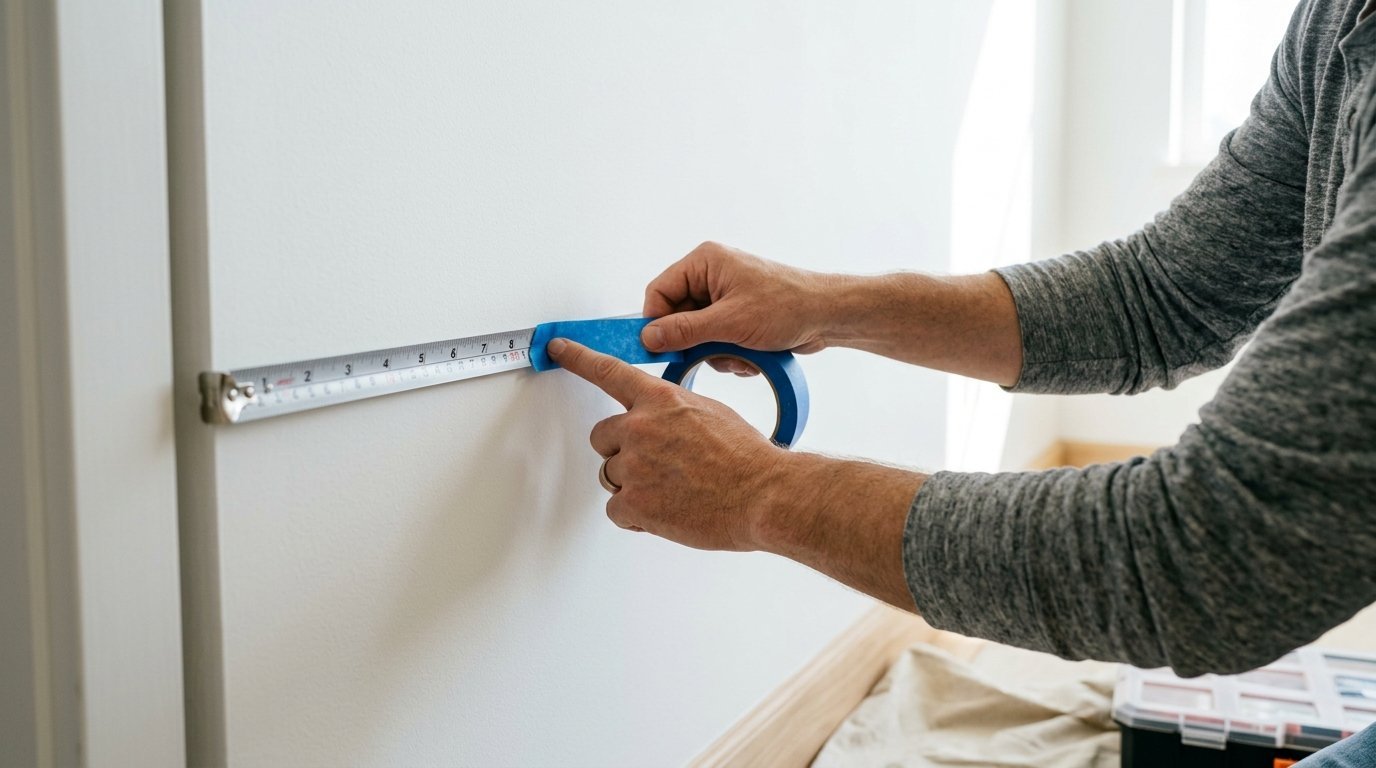 Close-up of hands applying blue masking tape along a metal measuring tape on a white interior wall.