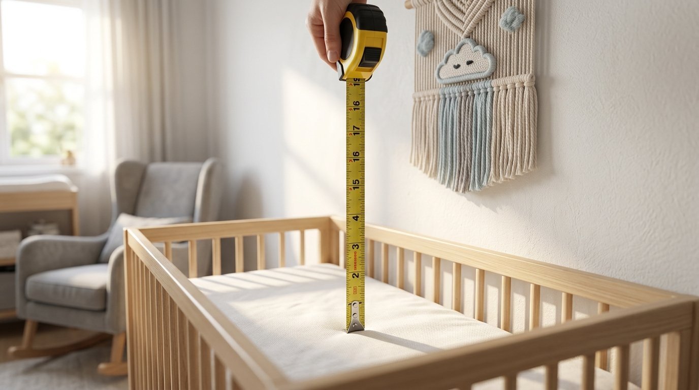 Close-up of a hand holding a yellow tape measure extended vertically onto a white baby mattress in a nursery.