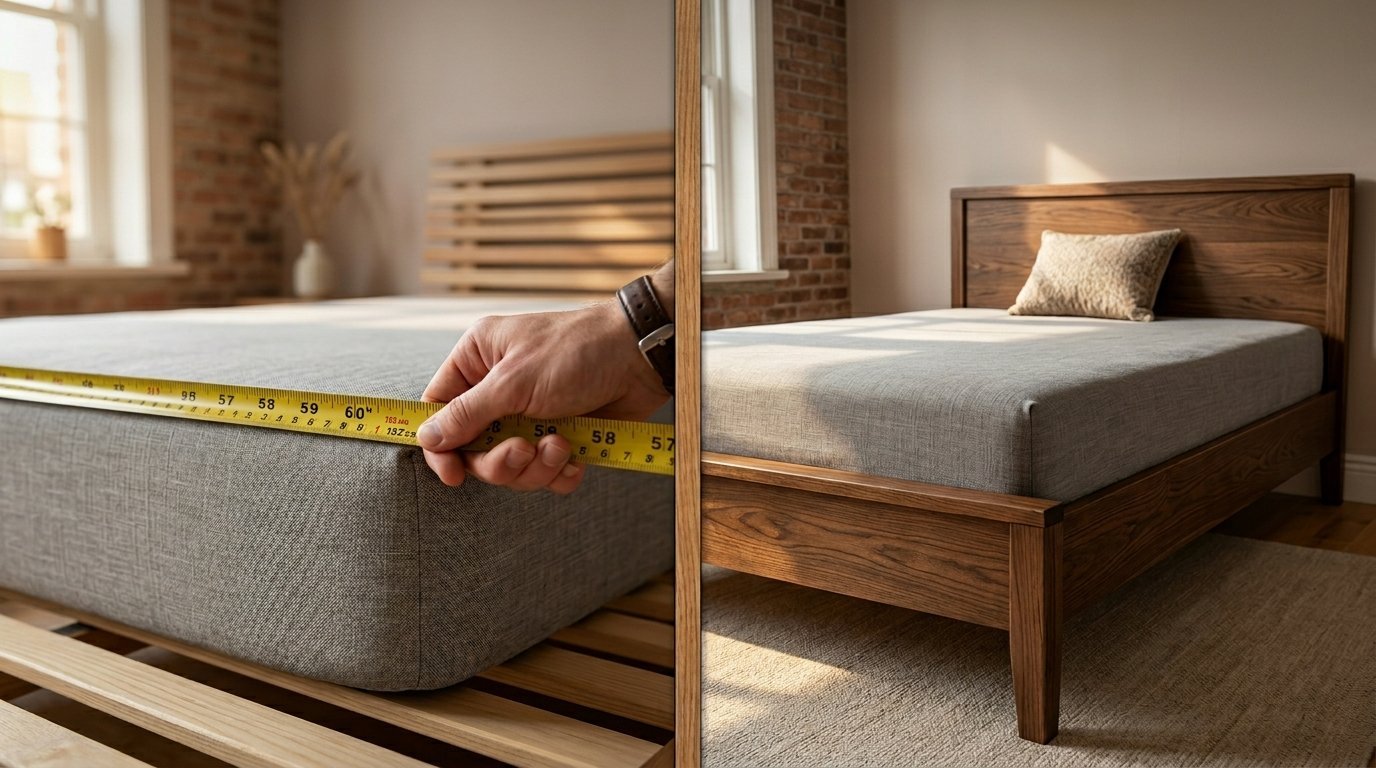 A hand holds a yellow tape measure across a fabric bed mattress in a sunlit room.