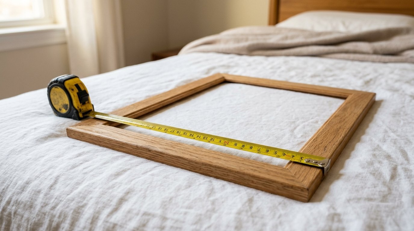 Yellow tape measure extended across an empty wooden frame resting on a white bed sheet.