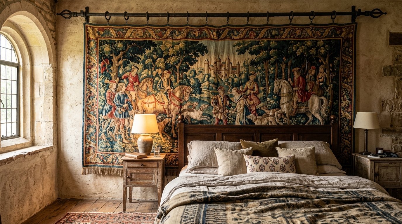 Large medieval wall hanging depicting horse riders behind a rustic wooden bed frame.